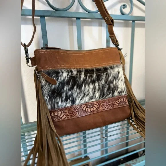 NEW Myra Bag Hand-Tooled Leather Cowhide Fringe crossbody festival flower Gift 💡 - Picture 7 of 9